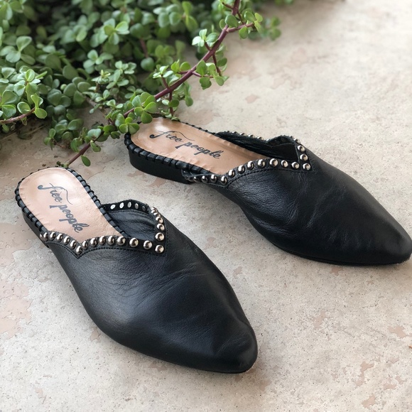 Free People Shoes - Free People Black Leather Studded Mules Flats